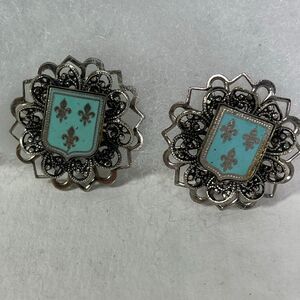 Midcentury shields with enamel Fleur De Lis screwback earrings